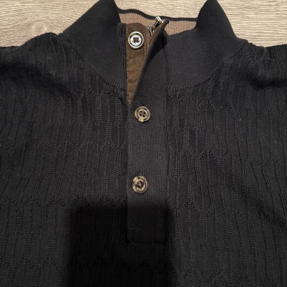 Tasso Elba Mens Elbow Patch 1/4 Button Mock Neck Black Knit Sweater XL Preppy - Picture 3 of 7